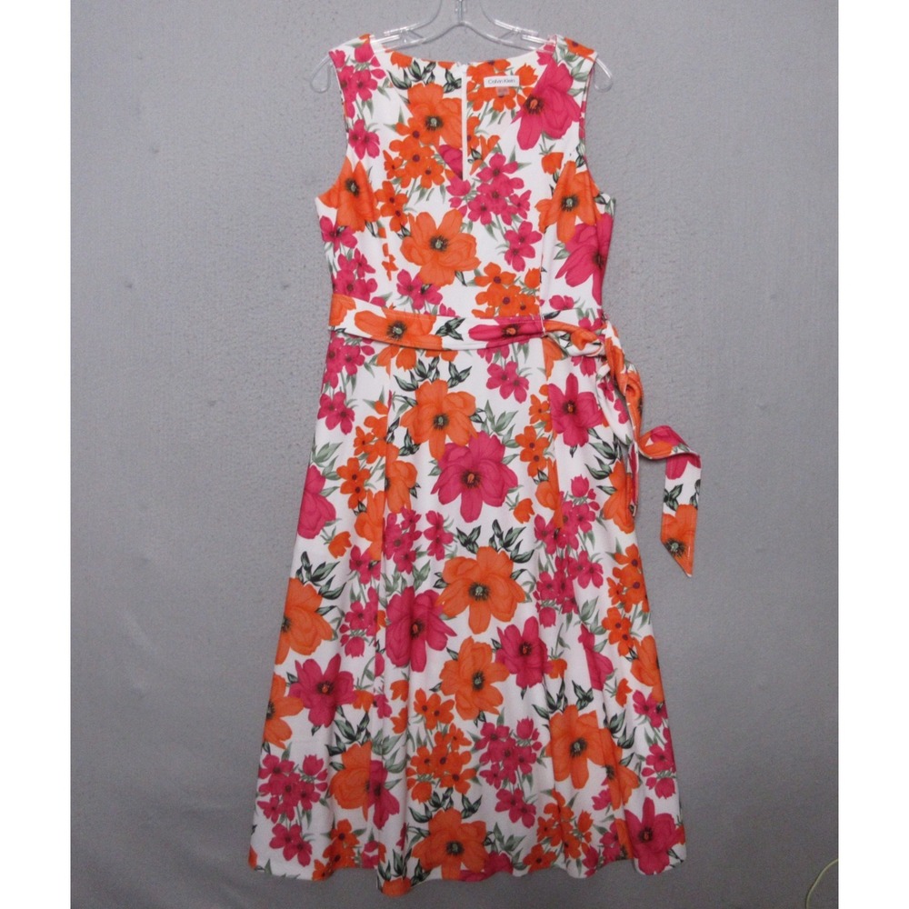 Calvin Klein Dress 10 Floral A Line Midi Belted Career Wedding Church Pockets